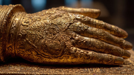 A beautifully crafted golden hand sculpture rests on display revealing detailed designs and artistry from ancient times.の素材