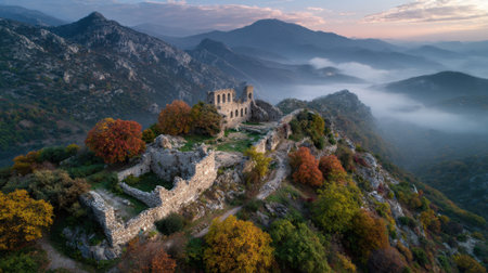 Ancient stone ruins stand proud on a hillside as morning mist weaves through colorful autumn trees.の素材