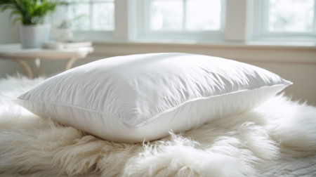 A fluffy white pillow sits on a warm soft rug illuminated by gentle sunlight streaming through windows.の素材