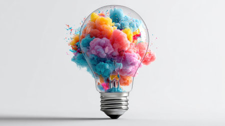 A light bulb filled with vibrant clouds of pink blue and yellow captures creativity and inspiration.の素材