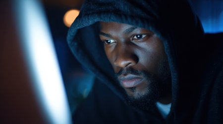 A person gazes intently at a computer screen lost in thought in a dimly lit room.の素材