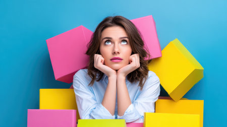 A young woman ponders her ideas while surrounded by vibrant colorful boxes showing creativity.の素材