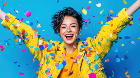 A young woman in a bright yellow jacket joyfully throws confetti while smiling against a blue backdrop.の素材
