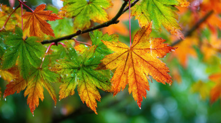 Colorful maple leaves display rich hues of green orange and yellow while glistening after rain.の素材