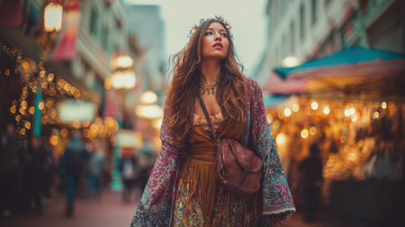 A woman in a colorful outfit strolls through a bustling market soaking in the evening atmosphere.の素材