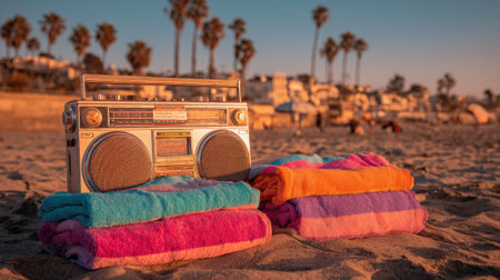 Brightly colored towels sit next to a boombox on the sandy beach as the sun sets casting a warm glow.の素材