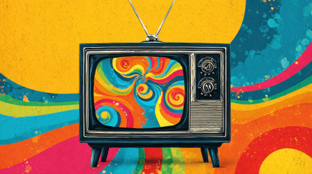 A classic television set showcases bright swirling patterns creating an artistic contrast with the background.の素材