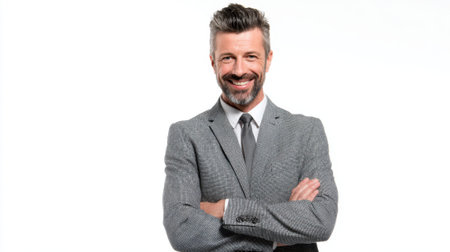 A man with a stylish beard is joyfully smiling while wearing a suit and standing proudly.の素材