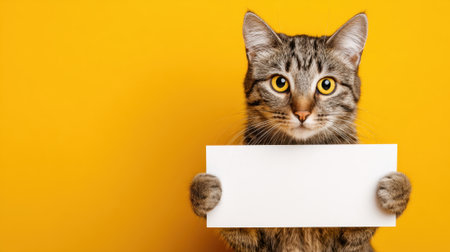 A playful tabby cat holds a blank sign gazing with bright eyes against a cheerful yellow backdrop.の素材