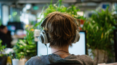 Person engages with computer work immersed in a lively office filled with plants and soft sounds.の素材