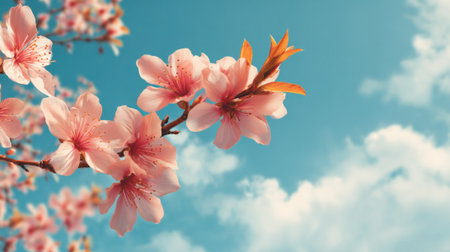 Delicate pink flowers bloom on branches beneath a sunny blue sky signaling the arrival of spring.の素材