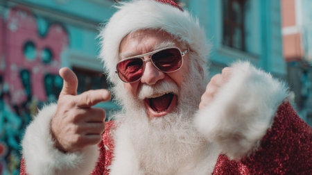 Santa Claus full of life and laughter celebrates in a colorful urban setting sharing joy with everyone around.の素材