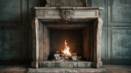 A cozy fire crackles in an ornate fireplace surrounded by vintage walls inviting comfort.の素材