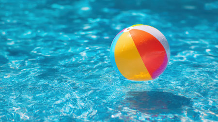Children play joyfully as a colorful beach ball drifts on sparkling water under the sun.の素材