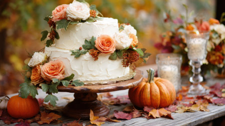 A two tier cake decorated with blossoms and greenery sits on a rustic table surrounded by pumpkins and autumn leaves.の素材