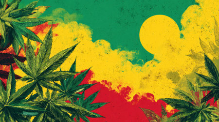 Colorful clouds decorate the sky as the sun sets behind vibrant cannabis leaves in a tropical scene.の素材