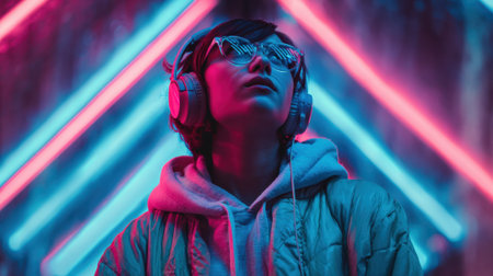 A young person listens to music while surrounded by colorful neon lights in a city setting.の素材