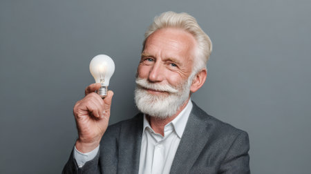A senior man smiles while holding a glowing light bulb representing fresh ideas and creativity.の素材