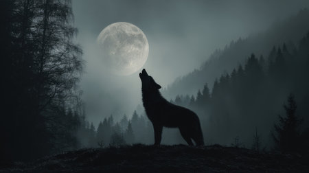 A lone wolf stands on a hill howling at the bright moon surrounded by dark trees and mist.の素材