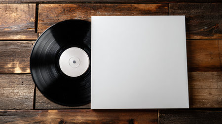 A classic black vinyl record is placed next to a blank cover on a wooden table creating a nostalgic vibe.の素材