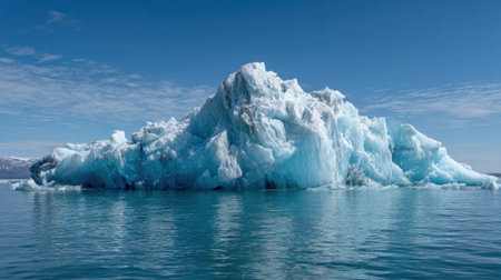 Vast iceberg drifts gracefully in serene waters reflecting brilliant blue under a sunny sky.の素材
