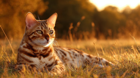 A beautiful bengal cat lies in tall grass as the sun sets highlighting its stunning coat and relaxed demeanor.の素材