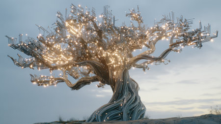 A stunning metal tree with glowing branches rises against a dusky horizon creating a magical scene.の素材