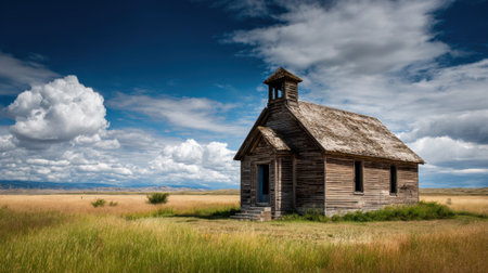 A weathered church sits peacefully in a vast field with golden grasses framed by a vibrant sky.の素材