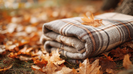 A warm plaid blanket lies on vibrant orange and yellow leaves inviting relaxation in nature.の素材