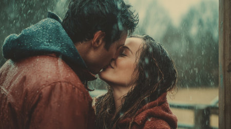 Two people embrace and kiss passionately while rain pours around them creating a magical moment.の素材