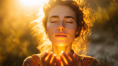 A young woman with curly hair stands outside eyes closed feeling the warm glow of sunlight on her hands.の素材