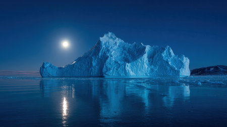 Under a glowing moon a massive iceberg stands still casting reflections on peaceful waters.の素材