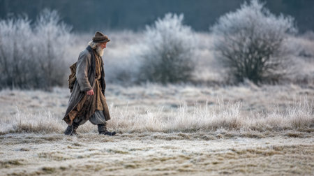 An elderly man strolls through a frosted field at dawn with glistening trees in the background.の素材