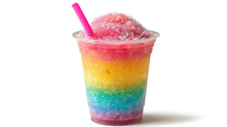 Refreshing rainbow slush in a clear cup provides a burst of colors and flavors that excite the senses.の素材