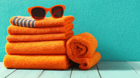 Colorful towels stacked with sunglasses resting on top bring a cheerful atmosphere to summer relaxation.の素材