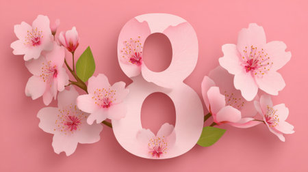 Unique arrangement of the number eight with delicate pink flowers perfect for celebrations or spring events.の素材