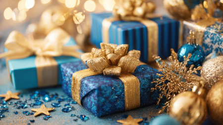 Colorful presents wrapped in blue and gold sit among sparkling ornaments and twinkling lights.の素材