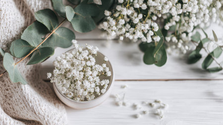 Delicate white blooms are placed beside lush green leaves on a serene wooden surface.の素材