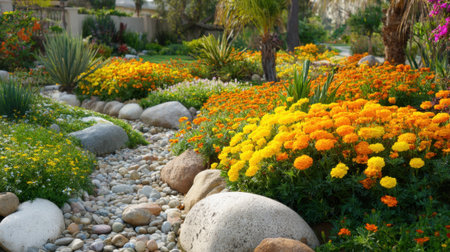 A beautiful garden bursts with marigolds vibrant colors and smooth stones under clear blue skies.の素材