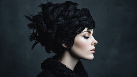 A woman poses with elaborate braided black hair showcasing her profile against a dark backdrop.の素材