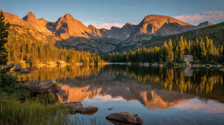 Golden sunlight paints the lakes surface highlighting tall peaks and lush trees at twilight.の素材