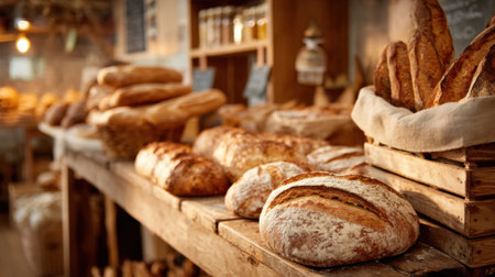 Warm and inviting bread loaves rest on wooden shelves in a charming bakery filling the air with rich aromas.の素材