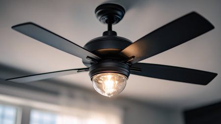A striking ceiling fan with black blades and a glowing light adds charm to a contemporary space.の素材