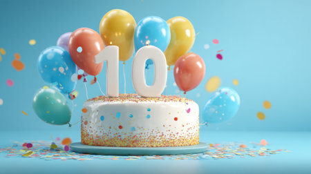 A delightful birthday scene featuring a decorated cake with the number ten surrounded by cheerful balloons and confetti.の素材