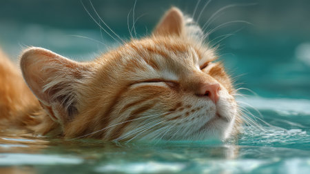 A fluffy ginger cat enjoys a peaceful moment gently floating in a bright blue pool.の素材