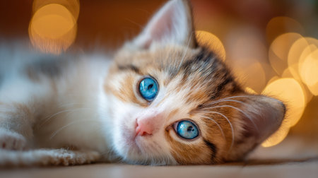 A playful kitten lies comfortably on the floor gazing with bright blue eyes and soft fur in cozy lighting.の素材