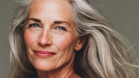 A confident woman with silver hair smiles warmly embracing her age with timeless elegance and grace.の素材