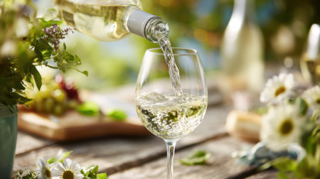 Bright sunlight illuminates a glass as white wine is poured surrounded by fresh flowers and greenery.の素材