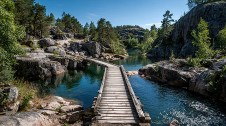 A peaceful wooden bridge extends over sparkling water nestled among rocky terrain and trees.の素材