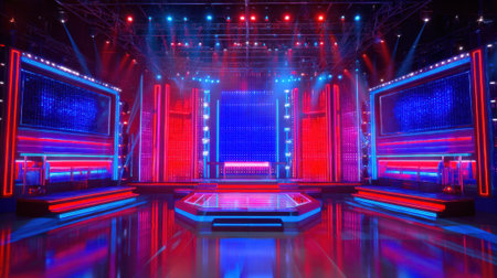 Bright lights illuminate a dynamic stage setting the scene for a thrilling competition in an energetic atmosphere.の素材